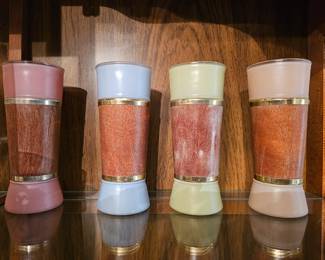 Set of Vintage SIESTA WARE Tiki Bar Mahogany Wood Jacket Frosted Glasses