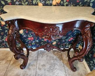 Highly Carved Mahogany Marble Top Console Table