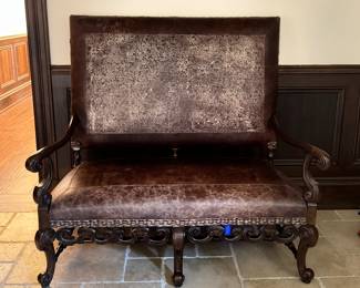 Ferguson Copeland European Tour Leather Embossed High Back Love Seat / Banquette with Banding and Nailhead Trim. Photo 1 of 5. 