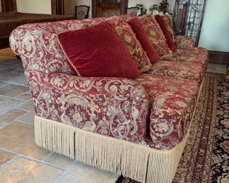 Henredon Damask Upholstered Sofa with Down-Filled Cushions and Fringe Trim. Measures 93" W x 44" D x 34" H. Photo 2 of 3. 