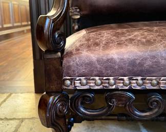 Ferguson Copeland European Tour Leather Embossed High Back Love Seat / Banquette with Banding and Nailhead Trim. Photo 4 of 5. 