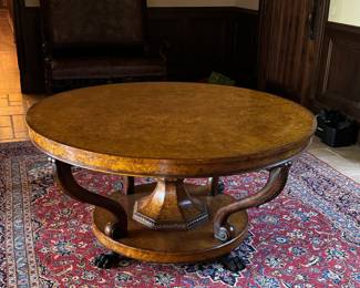 Burl Wood Veneer Round Dining Table with Bronze Feet. Measures 60" D x 30" H. Makes A Great Entry / Occasional Table, Too! Photo 1 of 5.