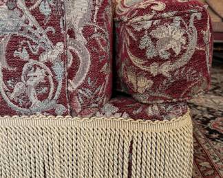 Henredon Damask Upholstered Sofa with Down-Filled Cushions and Fringe Trim. Measures 93" W x 44" D x 34" H. Photo 3 of 3. 