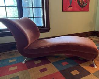 Custom Francois Frossard Designed Mohair Upholstered Modern Chaise with Leather Trim and Chrome Frame. Photo 1 of 4.