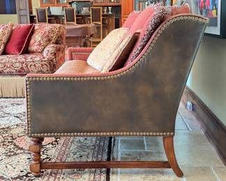 Ferguson Copeland Leather Settee / High Back Sofa with Moss-Green Leather Upholstered Frame and Nailhead Trim. Measures 50" W x 80" H. Photo 3 of 3. 
