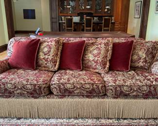 Henredon Damask Upholstered Sofa with Down-Filled Cushions and Fringe Trim. Measures 93" W x 44" D x 34" H. Photo 1 of 3. 
