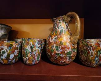 Outstanding Vintage Murano "Golden Quilt" Pitcher with 6 matching Tumblers