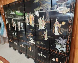 The Best Chinese 6 Panel Screen we have ever seen, the Details are incredibly  intricate and stunning, with different semi precious stones on black lacquered Panels