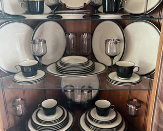 Set of china w silver and black trim 
Glass goblets w silver etched trim 
 