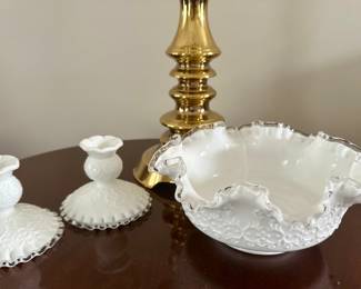 Fenton Spanish Lace with Silver Lining Bowl & Matching Candleholders 