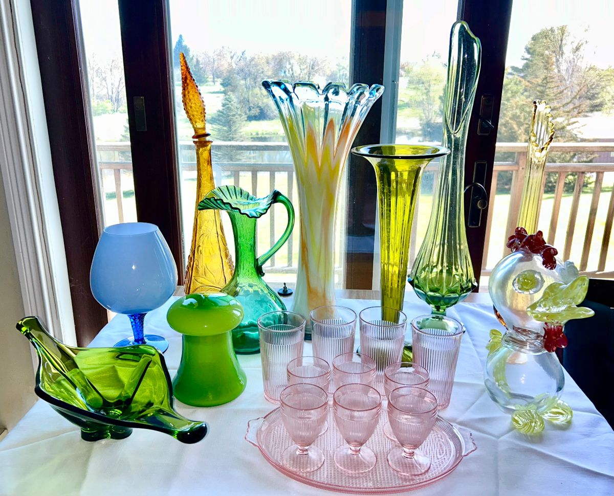 Vintage 1960's-70's glassware (some SOLD) including 2 stretch vases, Murano Rooster (SOLD), pink ribbed depression glass tray, stems and glasses
