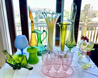 Vintage 1960's-70's glassware (some SOLD) including 2 stretch vases, Murano Rooster (SOLD), pink ribbed depression glass tray, stems and glasses
