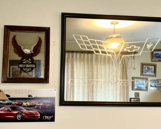 Harley Davidson mirrored picture, Corvette mirror, modern medal Corvette sign