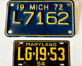 1954 Maryland bicycle license plate, 1972 Michigan motorcycle license plate