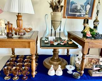 Vintage glassware, ceramic collectibles,  (some SOLD), Asian collectibles, vintage child's sewing machine, vintage side tables