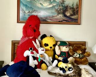 Vintage and modern plush toys, including large carnival animals, Chelsea Teddy Bear Co., etc.