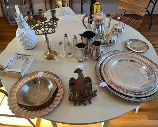 Eagle door knocker, silver plate platters and serving pieces