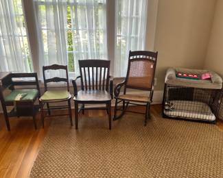 Antique and vintage chairs, fabulous like-new dog kennel with two bed inserts