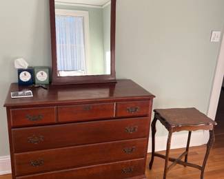 mahogany dresser with mirror (tall dresser and bedside table to match), small antique table
