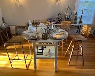 2 mcm wooden barstools and high top table with two leaves, two shelves (one with cupholders!)