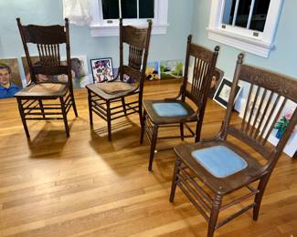 2 pairs of antique pressed back chairs, original artwork