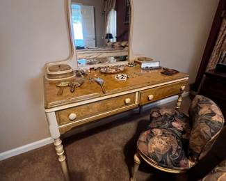 Inlaid writing desk/vanity with mirror and chair