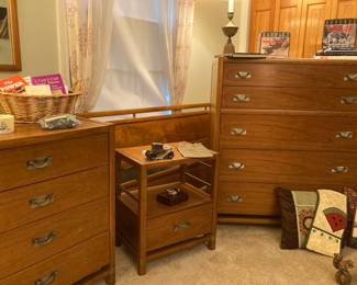 Dresser with wall mirror, night stand, chest and queen frame with head and footboards.