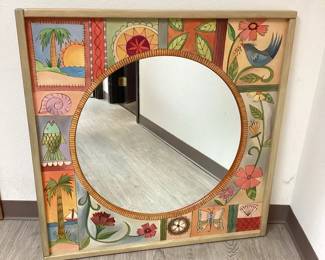 DILA702 Large Seaside Florals, Wood Square Mirror From Artful Home Handcrafted mirror and frame by Sticks. It features hand-drawn etched contouring of nature, including flowers, birds, beaches, Palm trees and butterflies.
