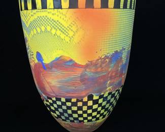 DILA107 Jean Elton Ceramic Vessel From Artful Home Vibrant colorful, one of a kind, piece. Signed by artist Jean Elton. Measures approximately 14.75" inches.

