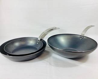 DILA133 Made In Trio Of Pans Two 12.5 inch pans, one is 4 inch deep. 10 inch skillet. All made in France. 
