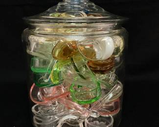 DILA115 Glass Jar Filled With Glass Spoon Collection Too many to count, all glass. Several possible uranium glass. 
