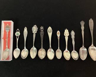 KIHE134 Vntg Antique Sterling Souvenir Spoons 11 spoons in total. One in original case. The Sitka Alaska and Oregon spoons are both mg by Mayor & Bros. of Seattle Washington
