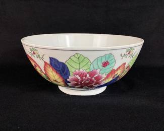 DILA700 Gumps, Dept Store, Tobacco Leaf, Porcelain Bowl A Gump's tobacco leaf porcelain bowl featuring a vibrant floral design with gold outlines. 

