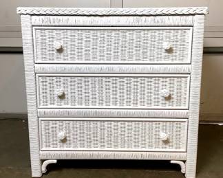 DILA205 Henry Link Lexington Wicker Dresser #1	Three drawer white wicker dresser, has very little discoloration as shown in the picture. Has a removable glass top.
