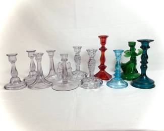 DILA806 Vintage Colored Glass Candlesticks Assortment of 11 glass candlesticks. Includes 7 lavender, one aqua blue, one dark blue, one green, and one red.
