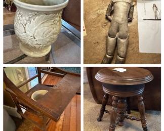 Antique leather doll, potty chair and piano stool.