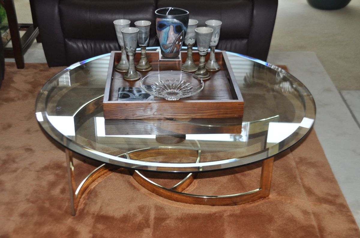 Fantastic Pottery and Crystal Displayed on Our Contemporary Brass Abstract Coffee Table.
