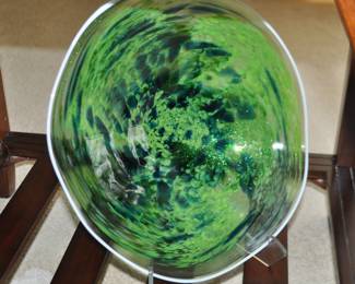 Stunning Glass by Artist Chris Wian Signed and Dated 2005 Blown Glass Scalloped Centerpiece Bowl, 14.5"