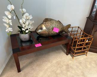 Sergio Bustemante Brass Fish, hand made! Coffee table an rattan magazine rack
