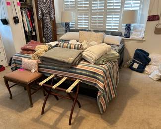 Very nice King size mattress set and frame, linens, antique stool, luggage rack, purses, clothing