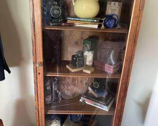 Antique Wood and Glass Cabinet, Fiesta , Old Cameras and Books