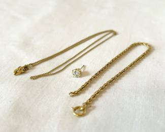 750 18k Gold Chain Necklace Tangled, 14k Gold Bracelet Needs Repair, One 14k Gold Diamond Earring