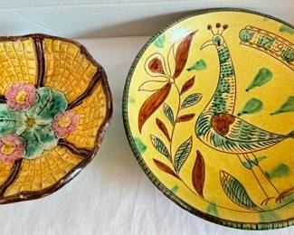 Two Yellow Ceramic Bird Bowls One Made in Italy