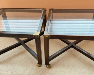 Two Vintage Glass Top Wooden Side Tables On Casters