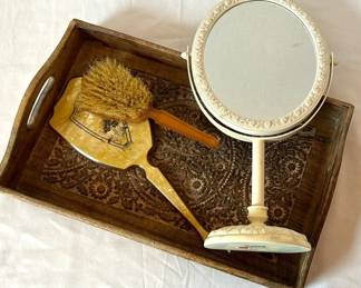 Vanity Mirror Brush, Brush,  Newer Carved Wood Tray w Shabby Chic Mirror