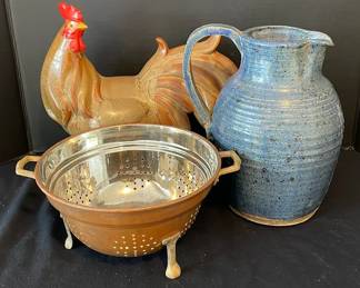 Vintage 9 Copper Footed Colander With Brass Feet, Ceramic Rooster And Jug