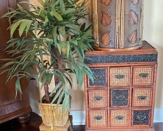 Wicker Wood Storage Cabinet, Lidded Basket Faux Palm Plant