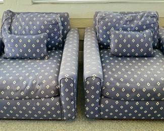 Pair Of Vintage Upholstered Chairs W Navy White Print