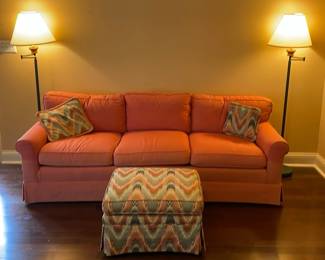 Vintage Salmon Colored Couch, Ottoman, And Two Funky Lights