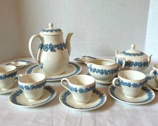 Wedgwood Embossed Queens Ware Vintage Porcelain Tea Set  Cream  Blue Grape Leaf